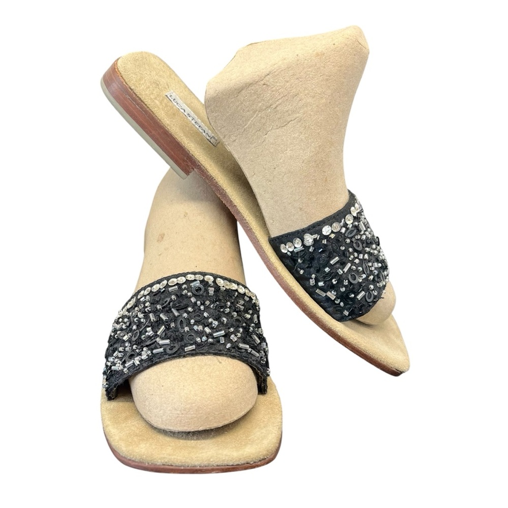 Luca Stefani Slip On Sandals Tan w Black Beaded Strap Slide India EU 37 US 6-6.5